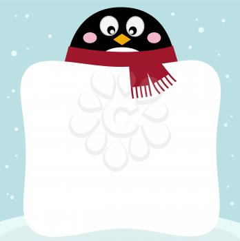 Cute winter penguin with banner. Vector cartoon illustration