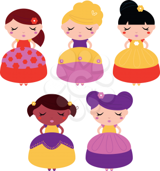 Beautiful multicultural princess set. Vector Illustration