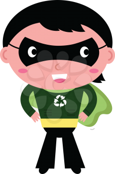 Little young powerful Super boy in green cape. Vector Illustration
