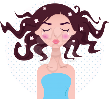Facial care - cute brunette Spa Woman in blue towel. Vector Illustration