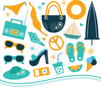 Various summer and vacation objects set. Vector Illustration