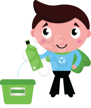 Kid giving empty bottle in recycle bin. Vector Illustration