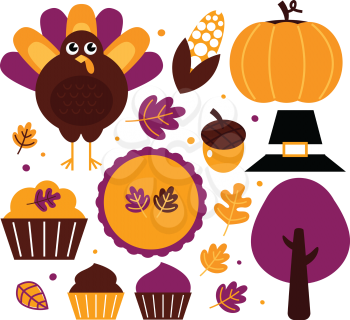Thanksgiving items set - yellow and purple. Vector Illustration