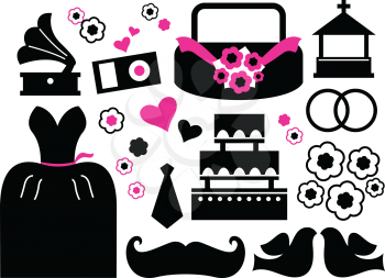 Wedding items silhouette - black and pink. Vector