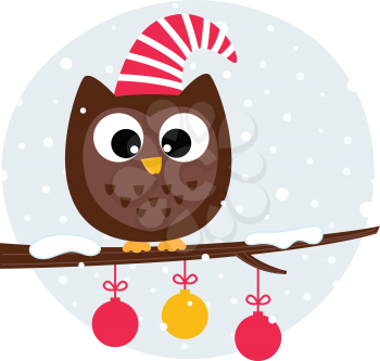 Winter cartoon Owl in santa hat. Vector Illustration
