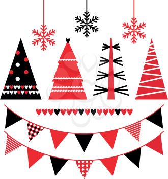 Royalty Free Clipart Image of Christmas Trees, Snowflakes and Banners