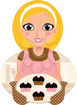 Royalty Free Clipart Image of a Woman Baking Cupcakes