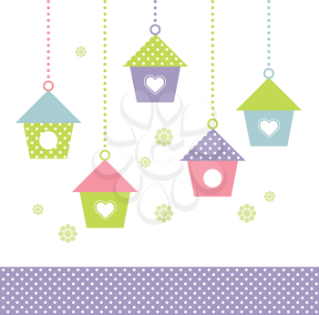 Spring Bird houses in pastel colors. Vector Illustration