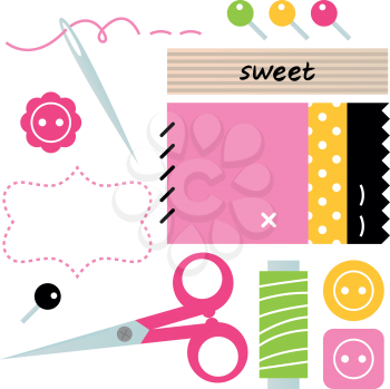 Sewing set with scissors, buttons, pins and spool of thread. Vector Illustration
