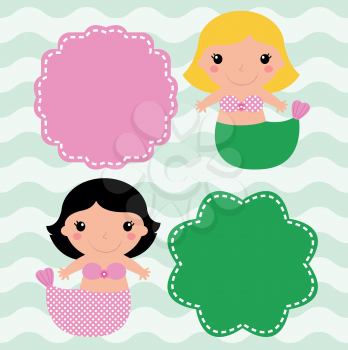 Cute Mermaids with banners ( pink and green ). Vector 
