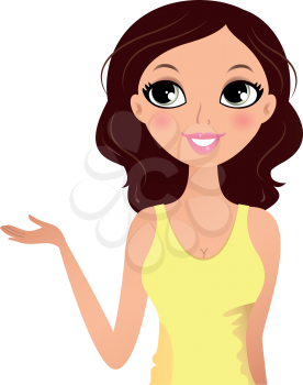 Woman in yellow showing something with hand. Vector