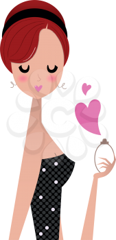 Cute chick Girl holding perfume. Vector Illustration

