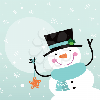 Happy winter Snowman holding christmas star. Vector
