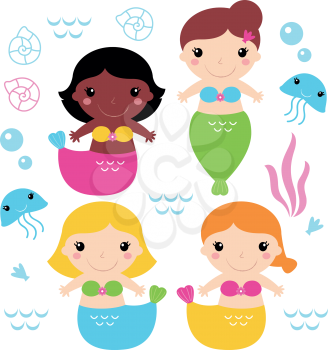 Cute colorful Mermaids with little sea creatures. Vector 
