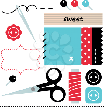 sweet, blue, red, black, cute, beautiful, dot, dotted, elements, design, element, sewing, set, needle, fashion, tailor, scissors, pin, sew, illustration, textile, craft, collection, isolated, needlewo