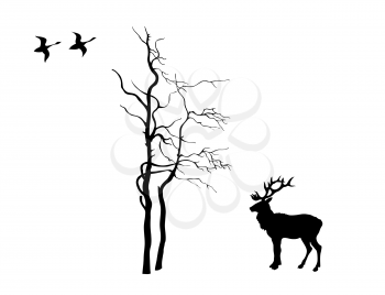 Royalty Free Clipart Image of a Deer Near a Tree