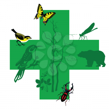 Royalty Free Clipart Image of Animals on a Green Cross