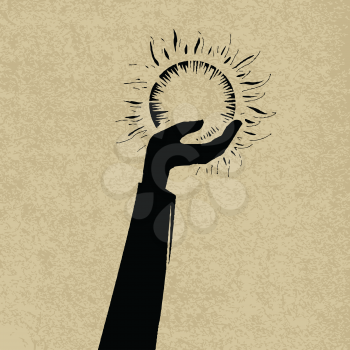 Royalty Free Clipart Image of a Hand Holding a Sun