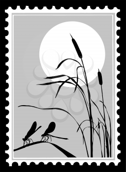 Royalty Free Clipart Image of a Dragonfly Postage Stamp