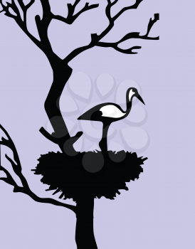 Royalty Free Clipart Image of a Crane in a Tree