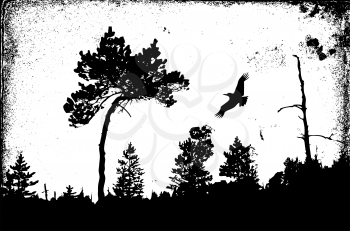 Royalty Free Clipart Image of a Bird Flying by a Tree