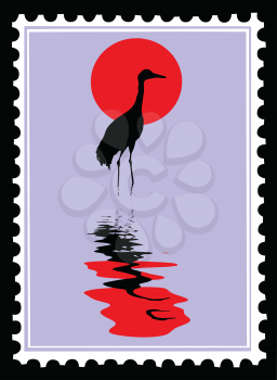 Royalty Free Clipart Image of a Crane Postage Stamp