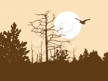 Royalty Free Clipart Image of a Bird Flying Around a Tree