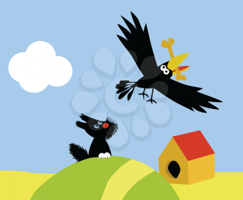 Royalty Free Clipart Image of a Bird Stealing a Dog's Bone