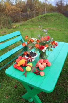 autumn still life on green table