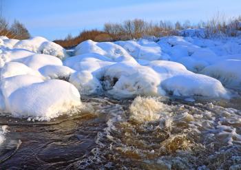 river flow amongst snow stone