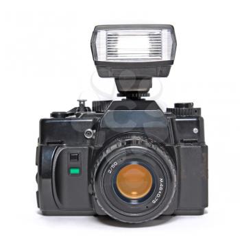 camera with flash on white background