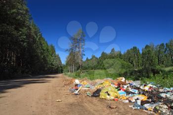 garbage pit on rural road near wood