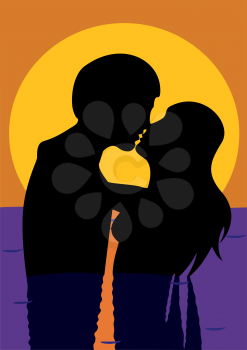 Royalty Free Clipart Image of a Kissing Man and Woman in Silhouette