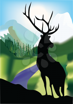 Royalty Free Clipart Image of a Stag Silhouette on a Mountain Scene
