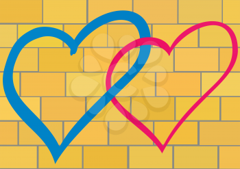 Royalty Free Clipart Image of Two Hearts on a Wall