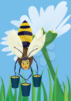 Royalty Free Clipart Image of a Bee With Honeypots