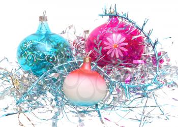 Christmas decorations - balloons, tinsel on a white background. 
                  