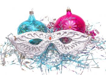 Christmas decorations: balloons, masks, tinsel on a white background. 
                   