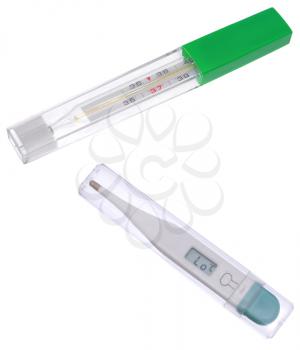 Digital and mercury medical thermometers on white background. 
                   