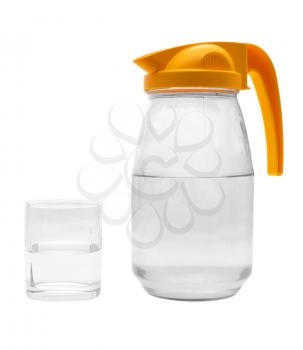 Jug, glass with water on a white background.                    