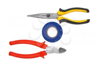 The electric tool: flat-nose pliers, an insulator a tape on a white background.              