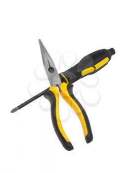 Screw-driver, flat-nose pliers on a white background.                                 
