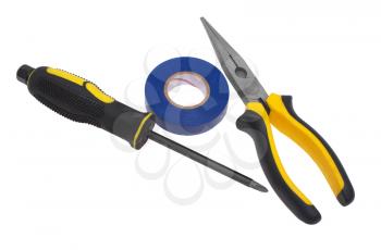 Screw-drivers, flat-nose, insulator a tape pliers on a white background.                                 