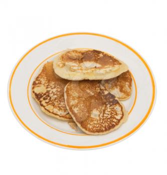 Fritters, pancake in a plate on a white background.                    