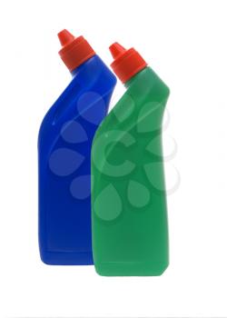 Washing-up liquids in bottles on a white background.                   