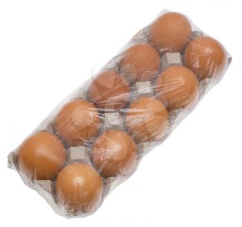Eggs packed by transparent plastic on a white background.                    