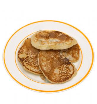 Fritters, pancake in a plate on a white background.                   
