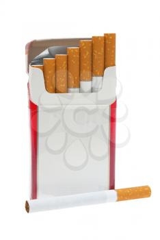 Open pack of cigarettes and a cigarette on a white background.                   