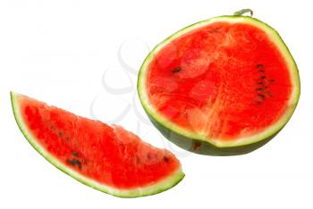 A ball-shaped watermelon and a piece of watermelon on white background.                    