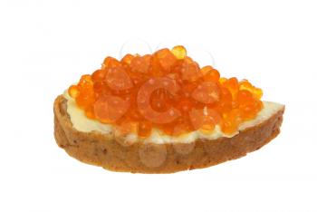 Sandwich with red caviar on a white background.                   